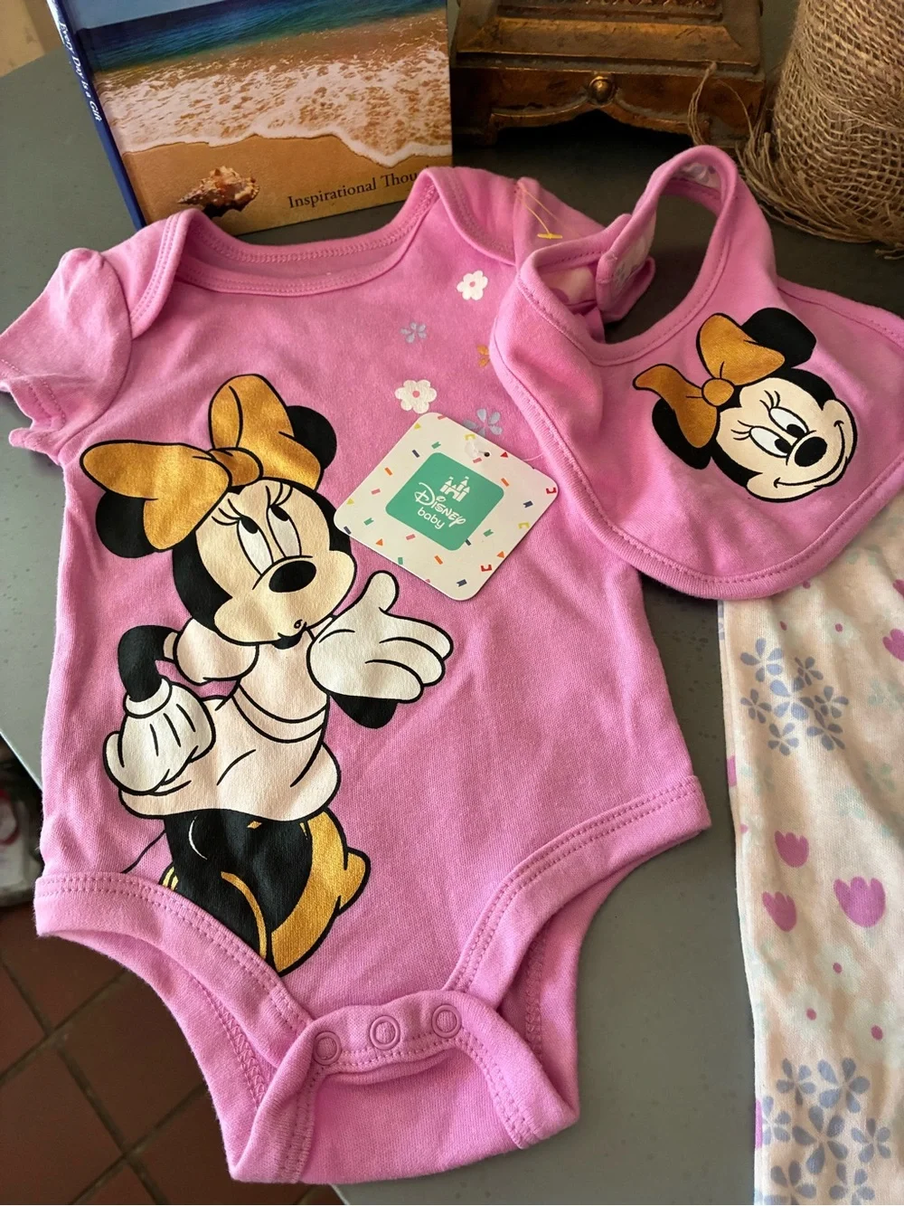 Disney NEW WITH TAGS Baby Minnie Mouse bodysuit, matching footed pants, headband